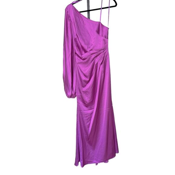 NWT IEENA for MAC DUGGAL Orchid One Shoulder Satin Puff Sleeve Side Ruched Gown - Picture 2 of 13